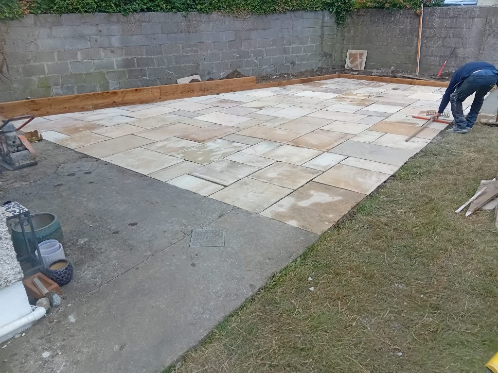 Indian sandstone patio and railway sleepers 2