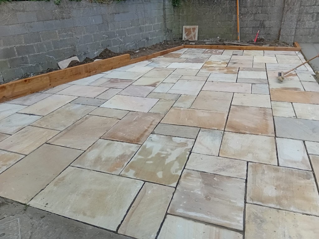 Indian sandstone patio and railway sleepers 4
