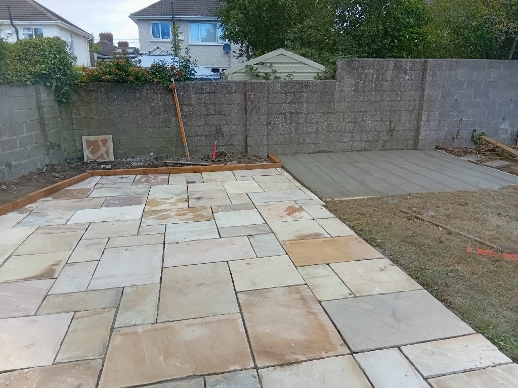 Indian sandstone patio and railway sleepers 5